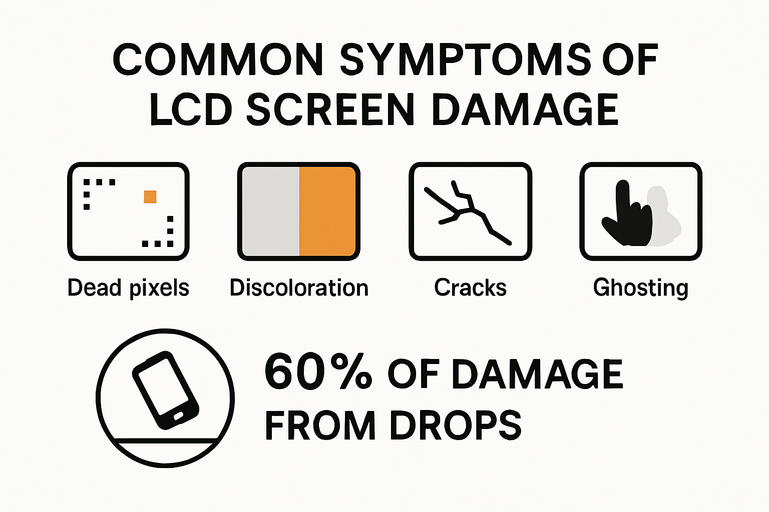 Infographic showing LCD screen damage symptoms and statistics