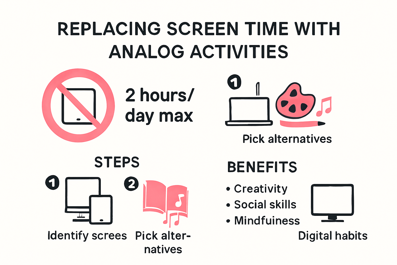 Infographic comparing benefits of analog and digital activities for screen time reduction