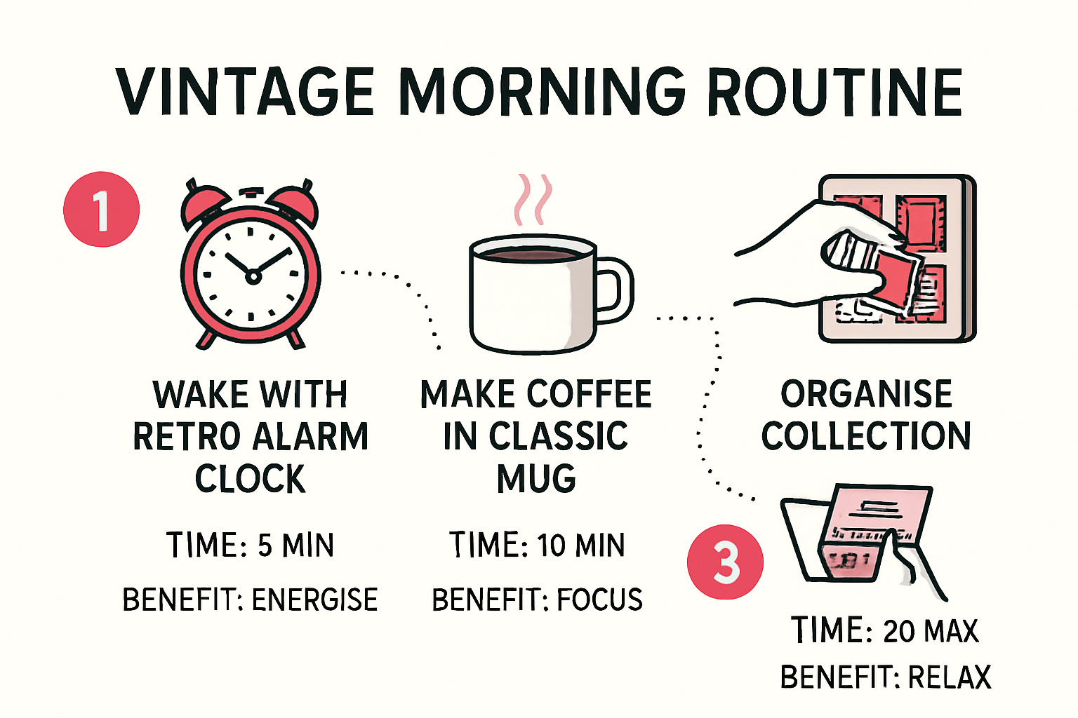 Infographic of steps for a vintage-styled morning routine