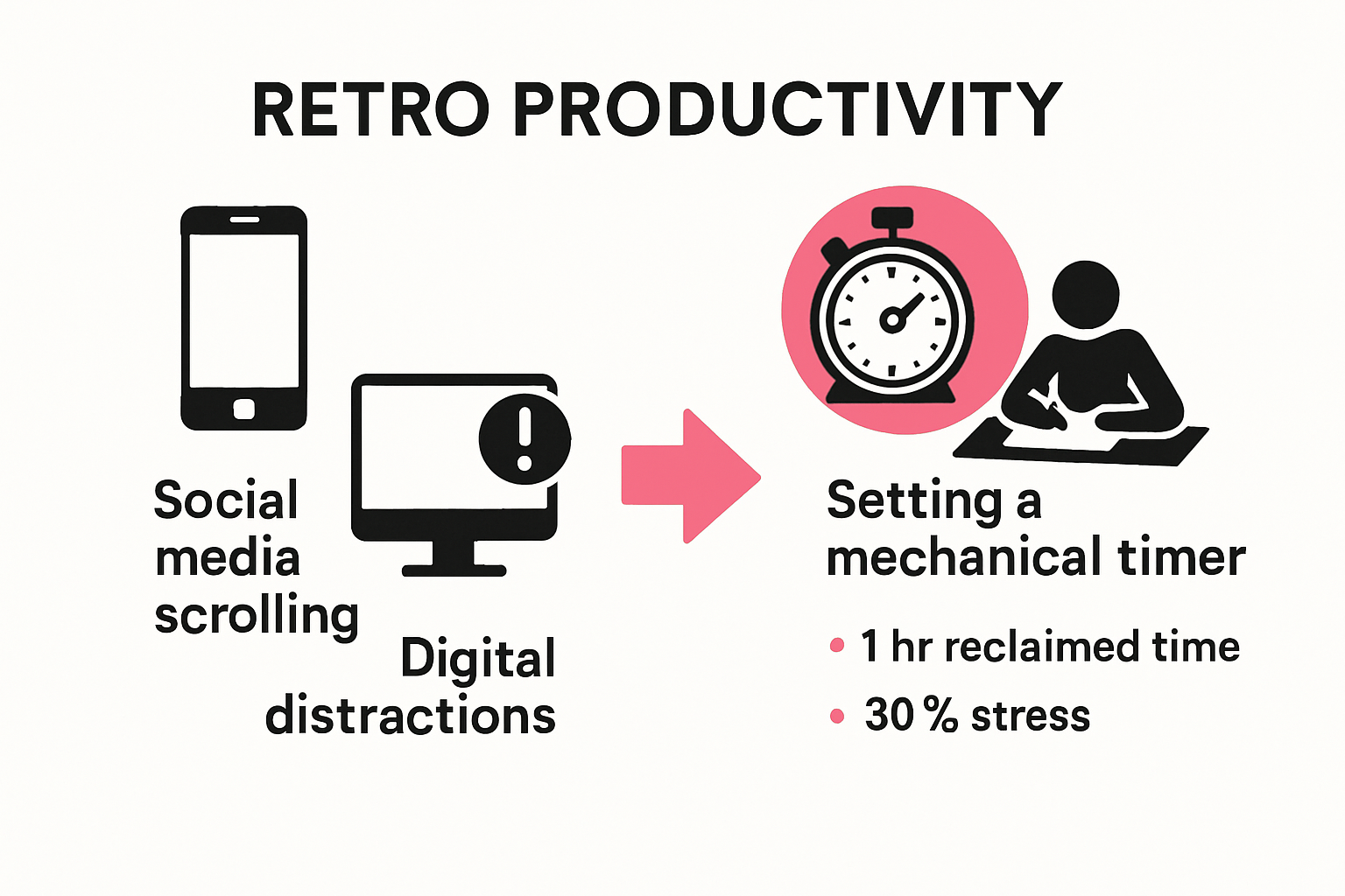 Infographic contrasting time-wasters with retro productivity habits