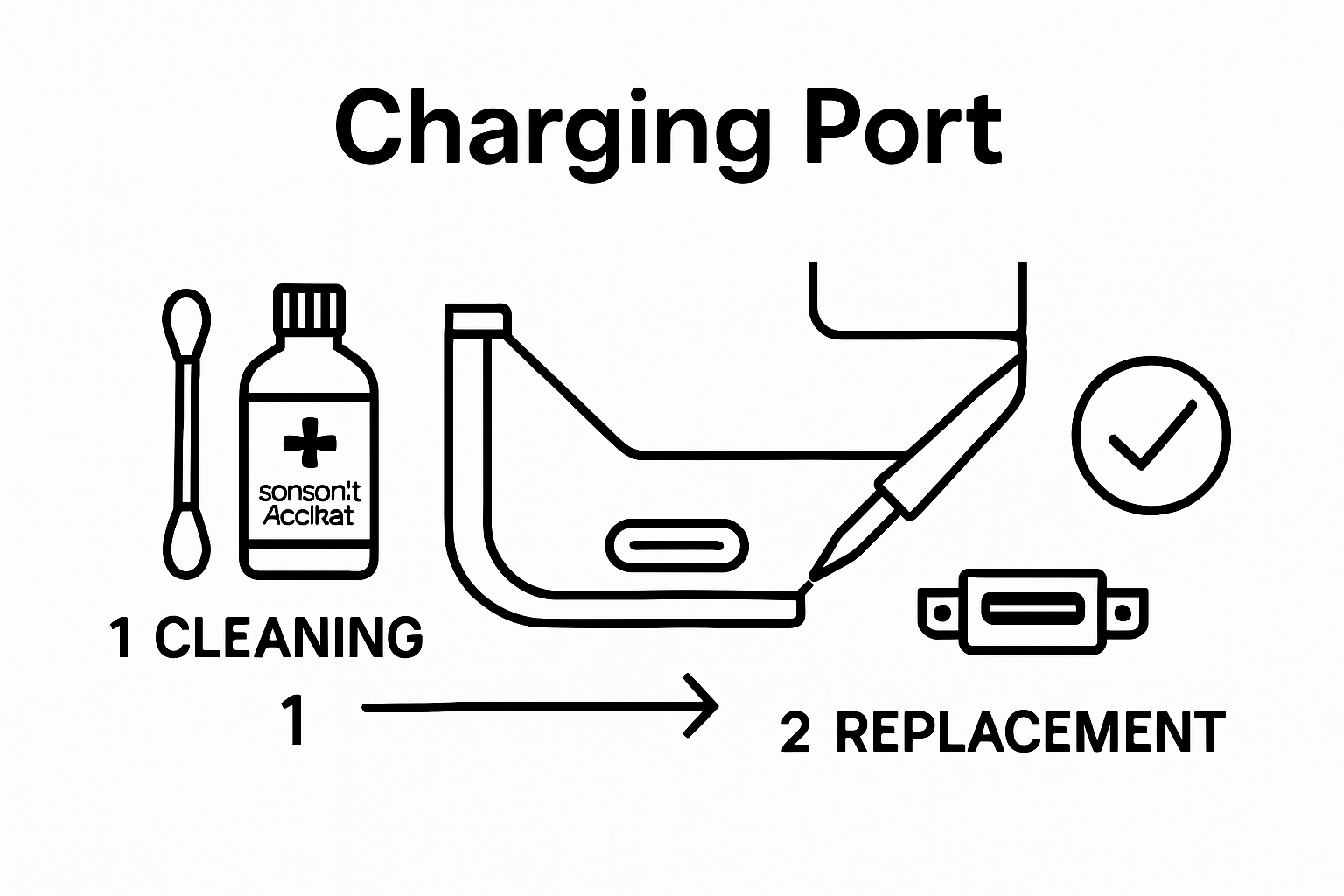 Simple infographic showing cleaning and replacement of a charging port