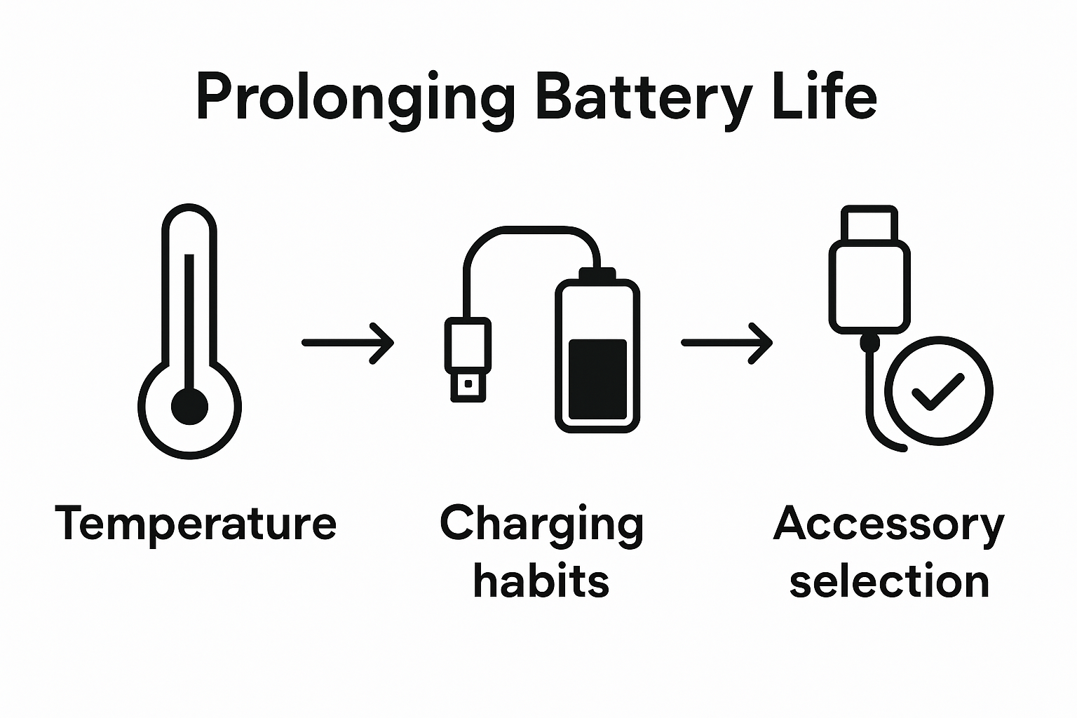 Infographic illustrating temperature, charging habits, and accessory quality