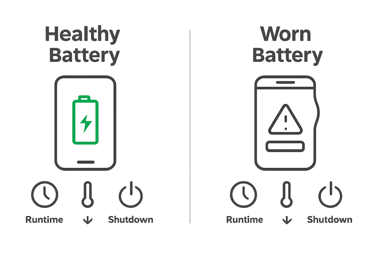 Comparison infographic of healthy vs deteriorated smartphone battery