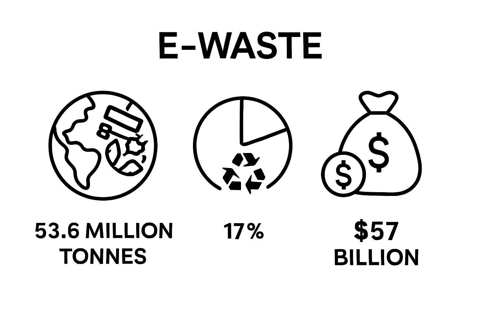 Infographic showing e-waste global volume, recycling rate, and raw material value.