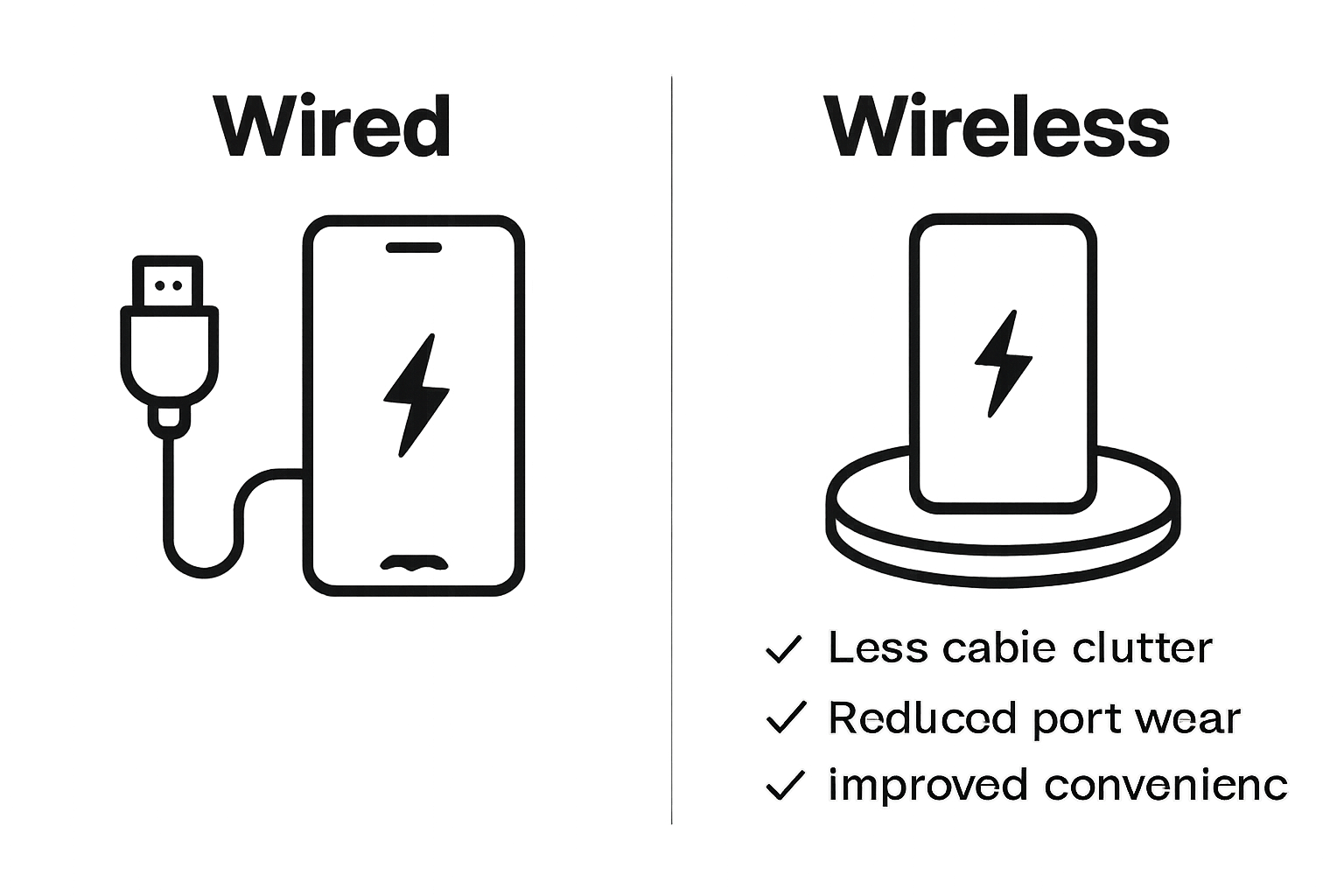 Comparison of wired vs wireless charging: cables vs charging pad, three benefits highlighted