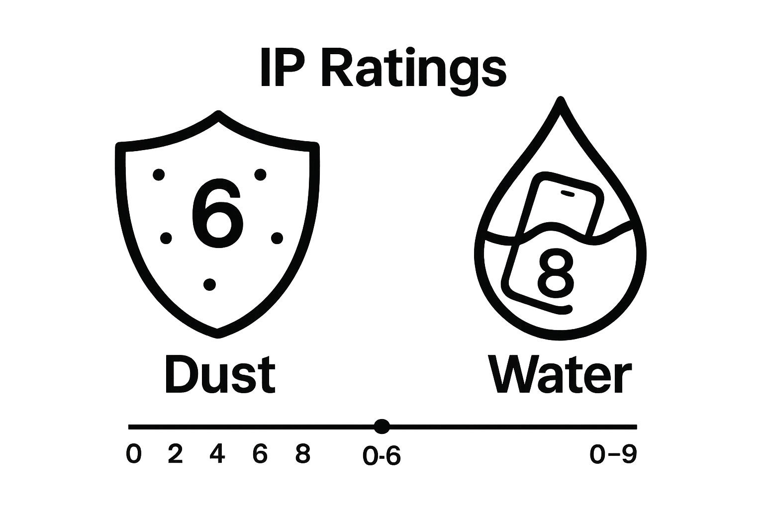 Chart comparing IP rating dust and water digit meanings