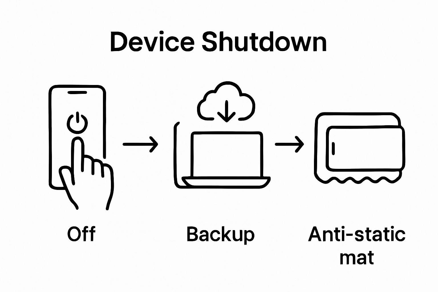 Three-step mobile preparation visual: power off, backup, anti-static mat