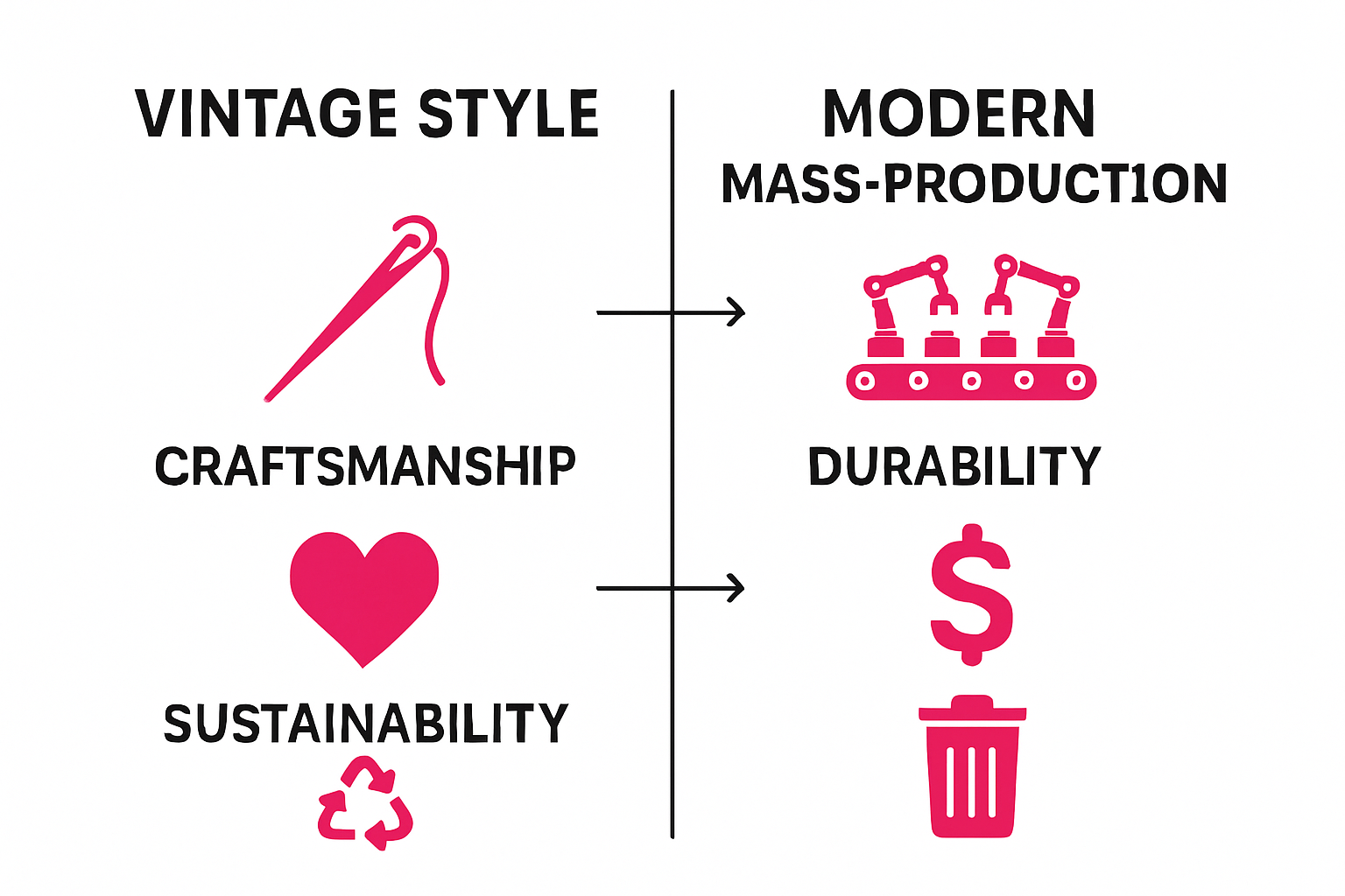 Infographic contrasting vintage style and modern mass-production with icons for craftsmanship, durability, and sustainability.