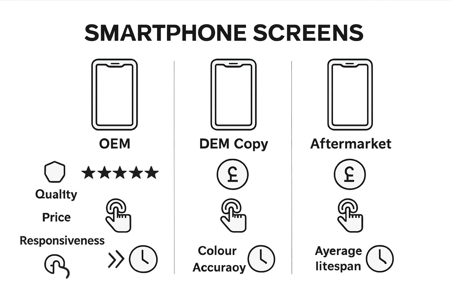 OEM vs OEM Copy vs Aftermarket screen comparison icons
