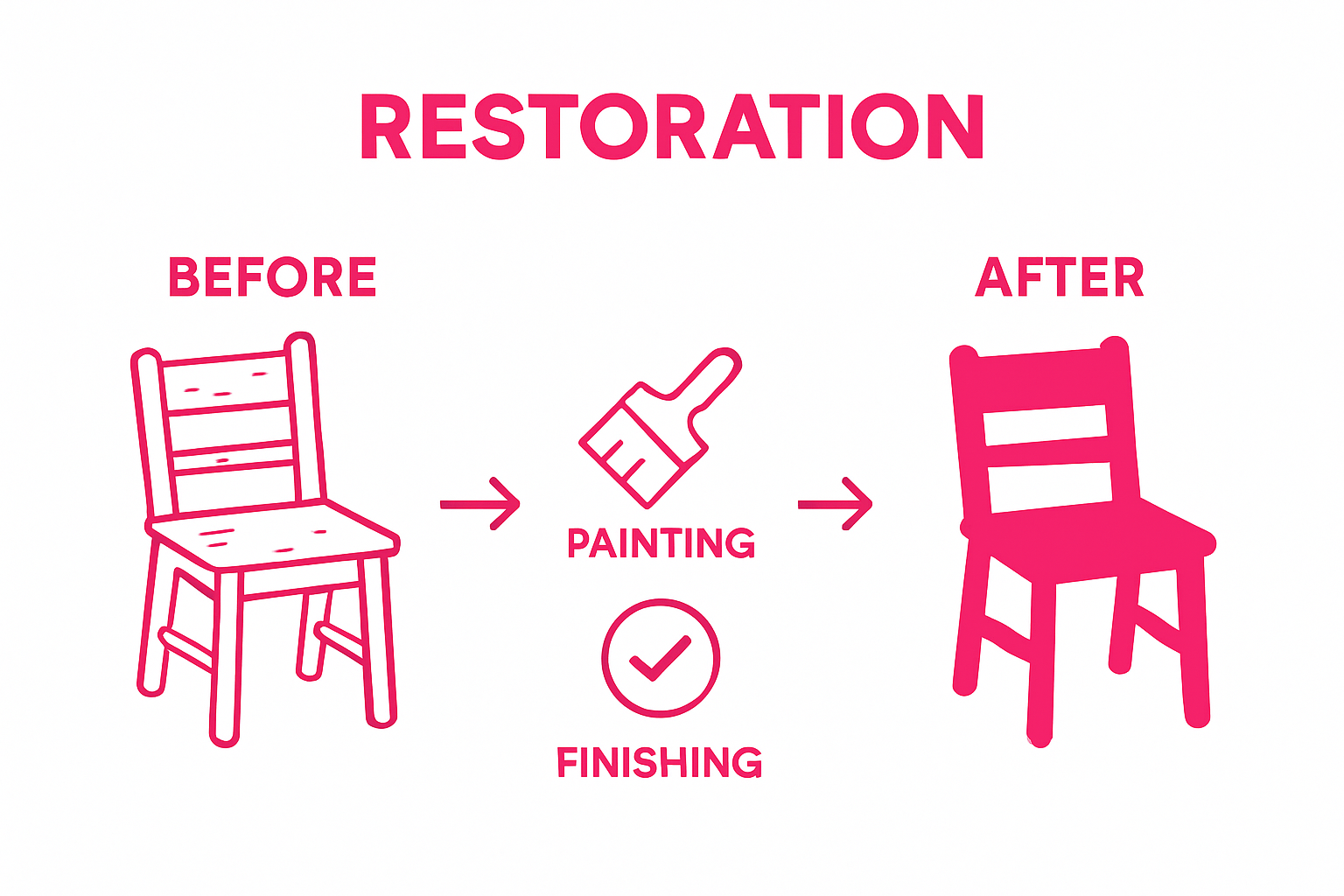 Infographic showing before and after vintage chair restoration in 3 steps