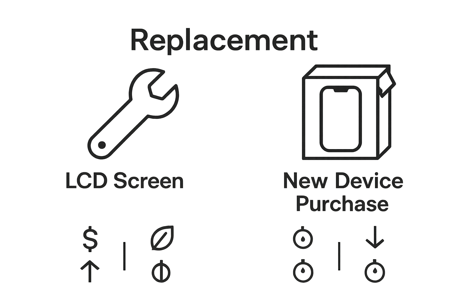 Infographic comparing LCD screen replacement cost, environmental impact, and time to buying a new device