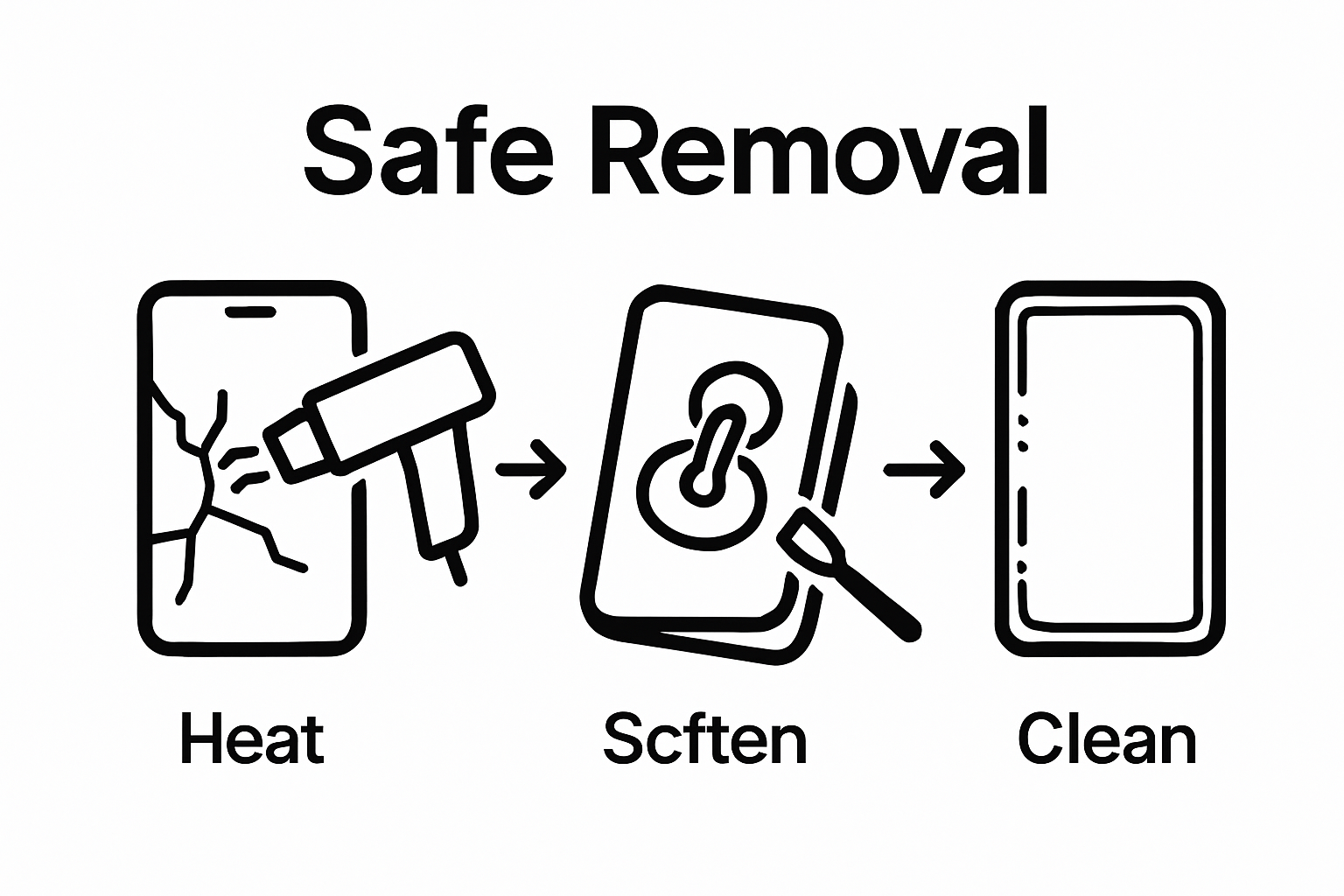 Step-by-step visual of heating, separating, and cleaning phone screen for removal