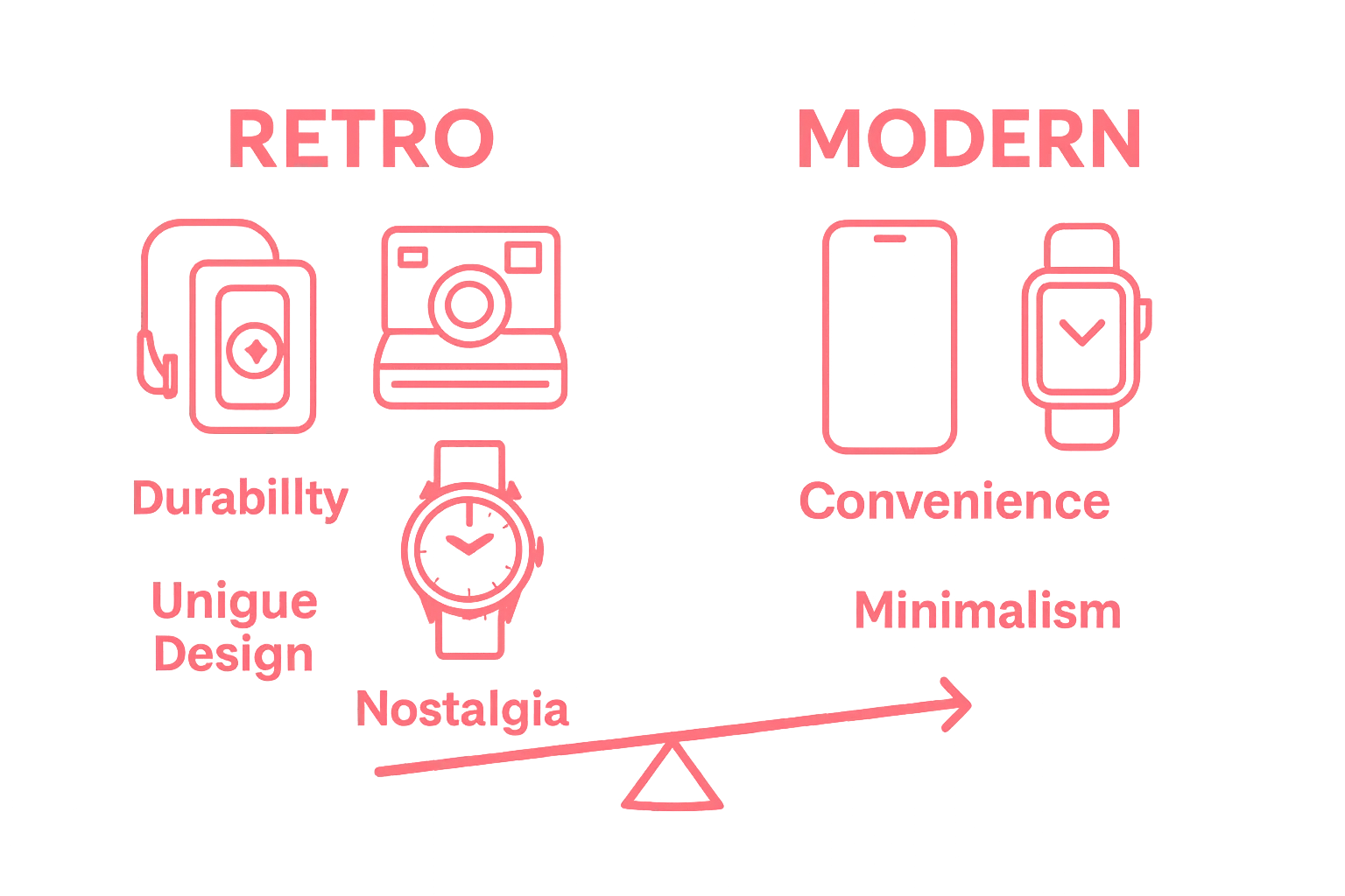 Icons comparing durability, nostalgia, uniqueness of retro accessories versus modern ones