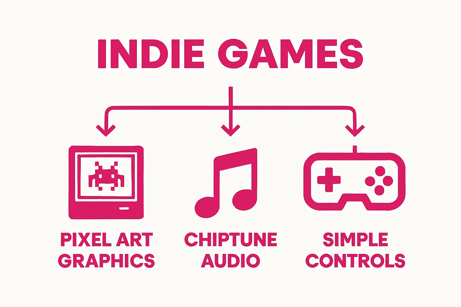 Infographic showing three retro game design influences: pixel art, chiptune audio, simple controls.