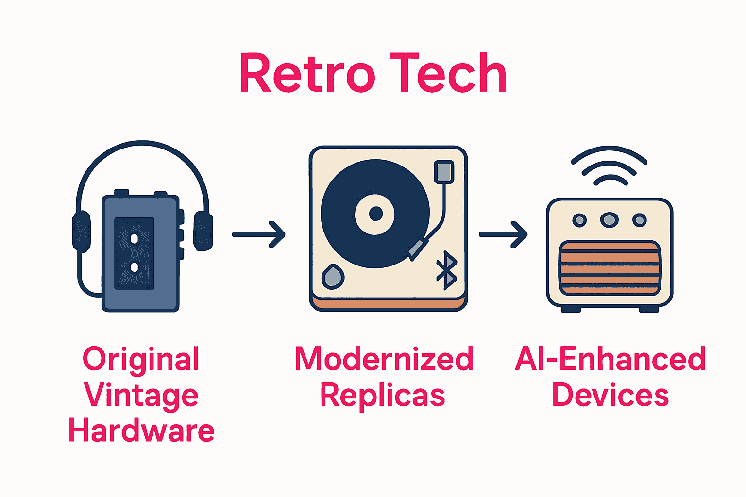 Infographic comparing vintage, replica, and AI-enhanced retro gadgets.