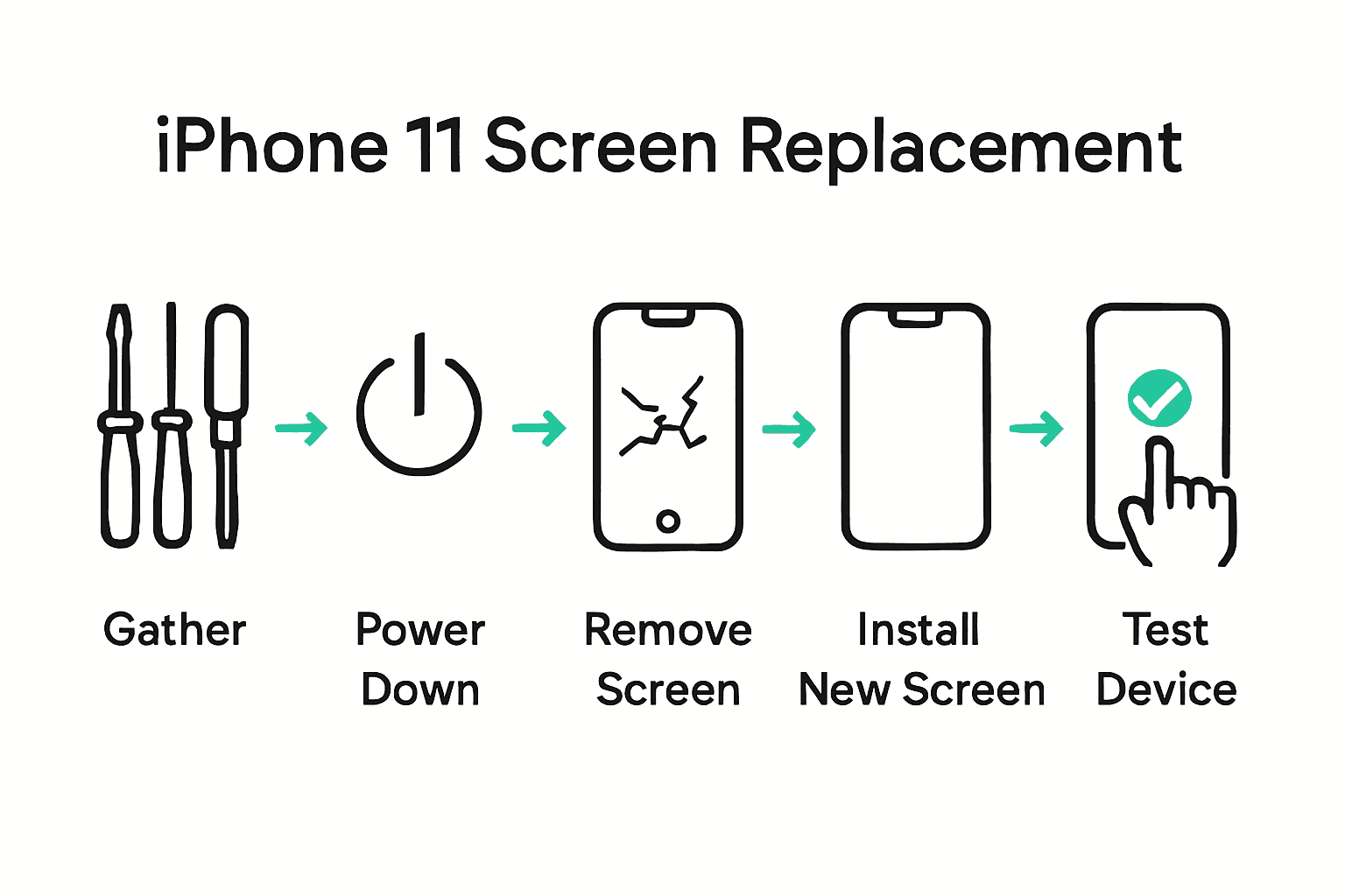 Infographic showing 5 essential steps for iPhone 11 screen replacement with icons and arrows.