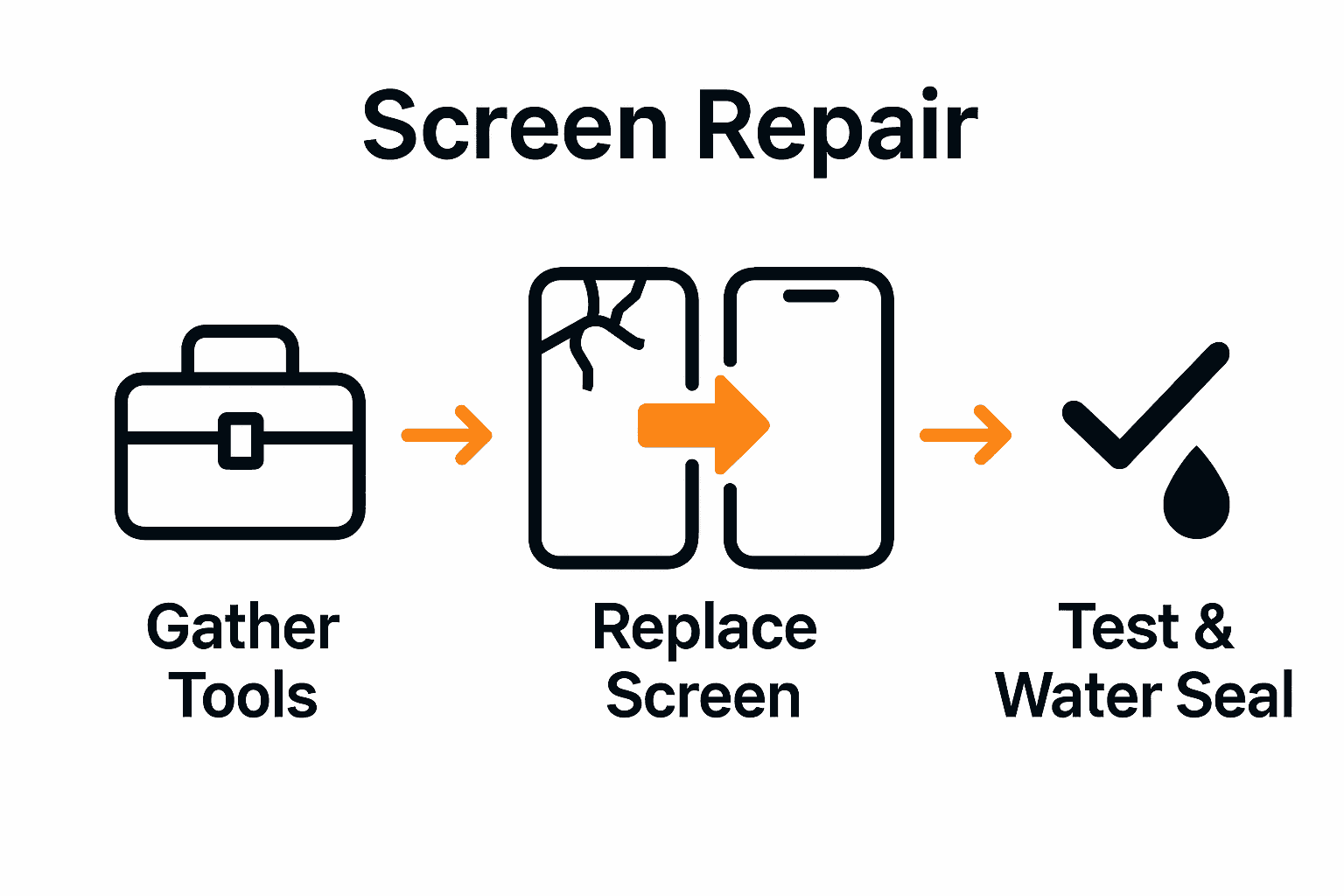 3-step infographic from gathering tools to iPhone 11 screen install and water test