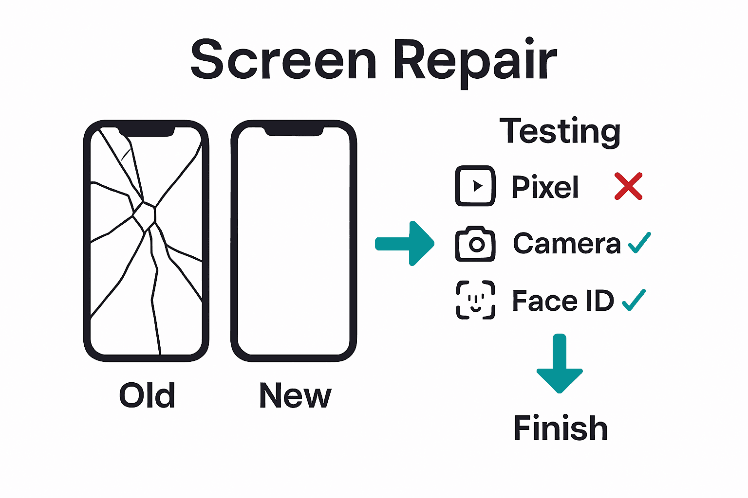 Infographic showing old and new iPhone 11 screens, key testing steps like dead pixel check, and Face ID test.