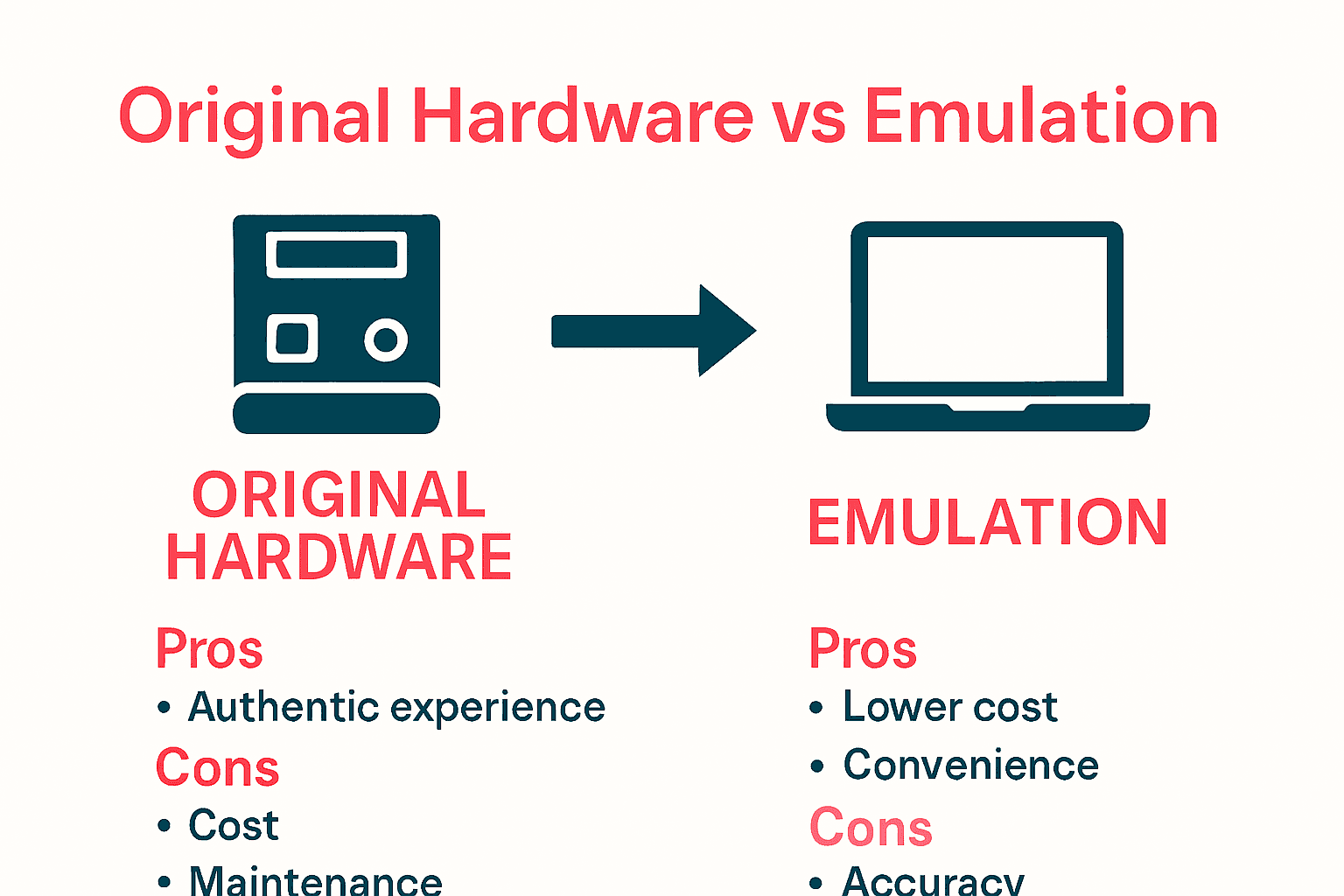 Infographic showing differences between using original retro hardware and emulation for vintage devices.