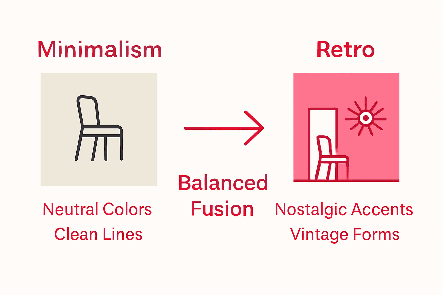 Minimalism versus retro style comparison infographic with icons and merged design concept