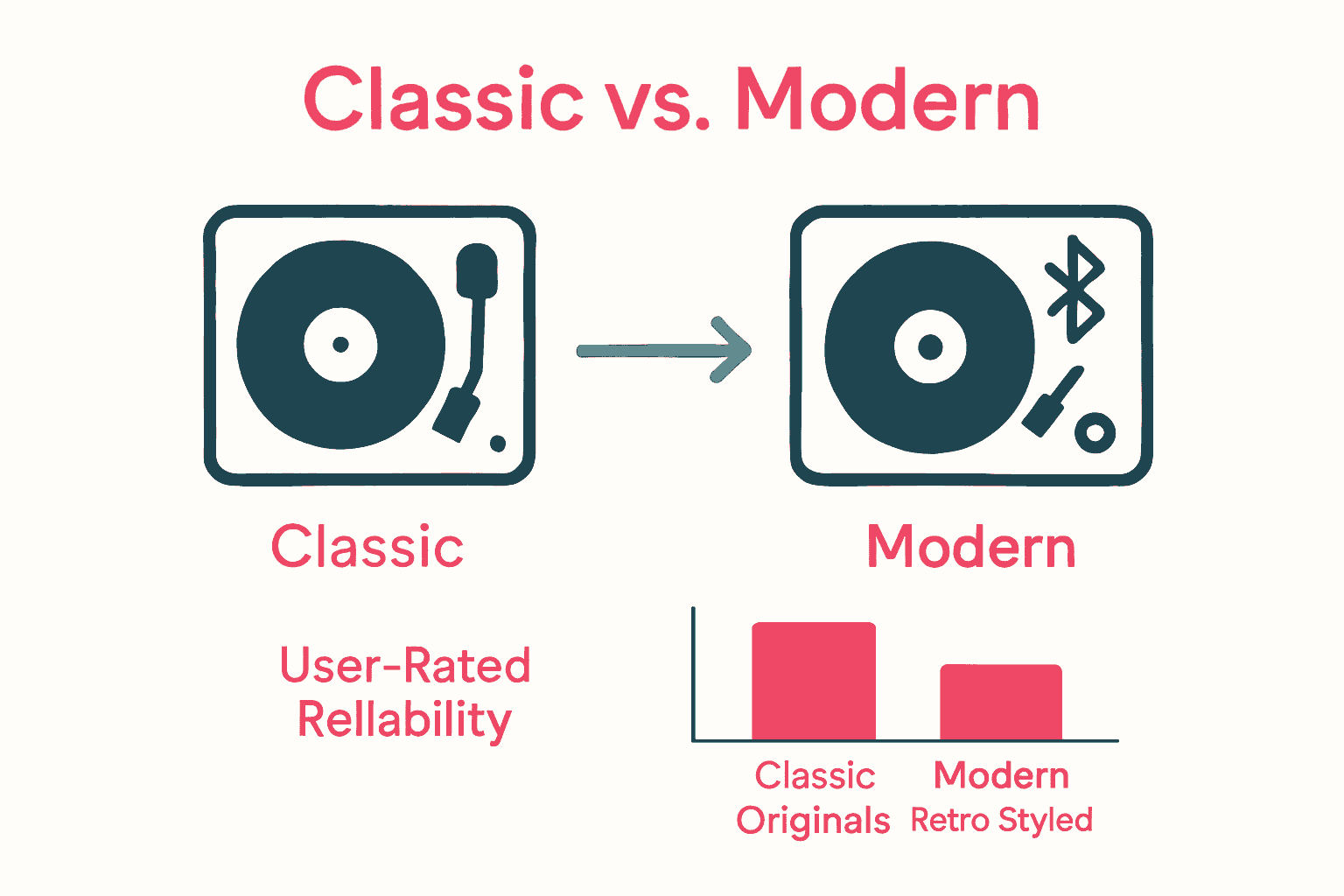 Infographic comparing reliability of original and modern retro gadgets.