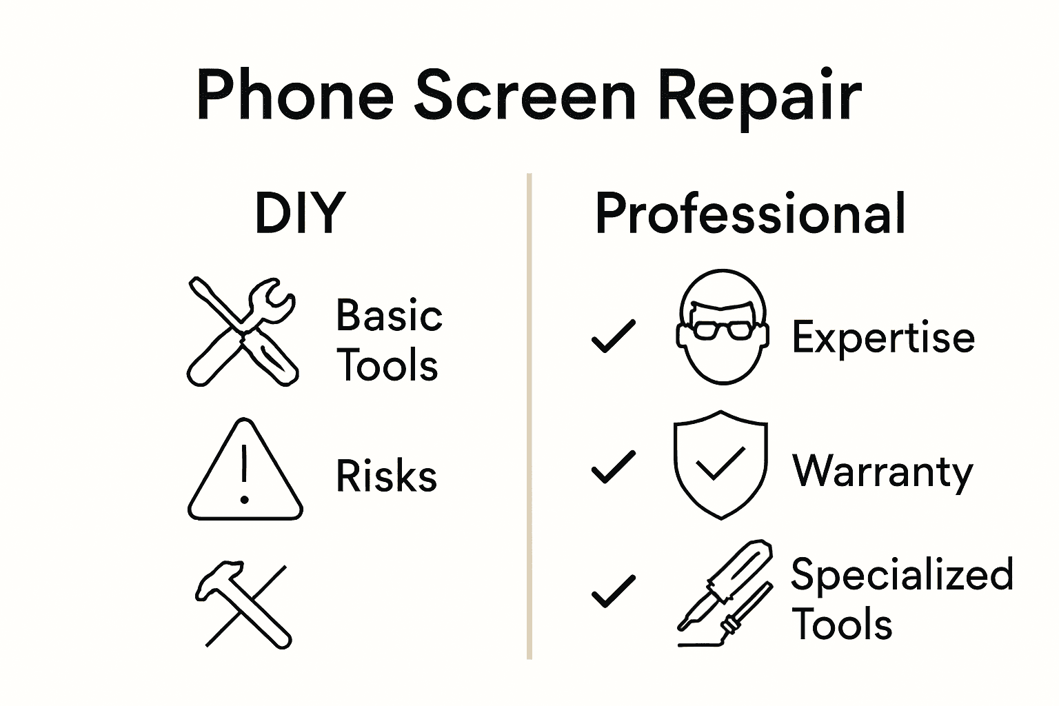 Comparison of DIY and professional phone repair with icons for tools, risks, and expertise.