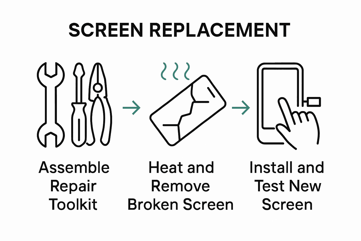 Three-step visual guide for phone screen replacement