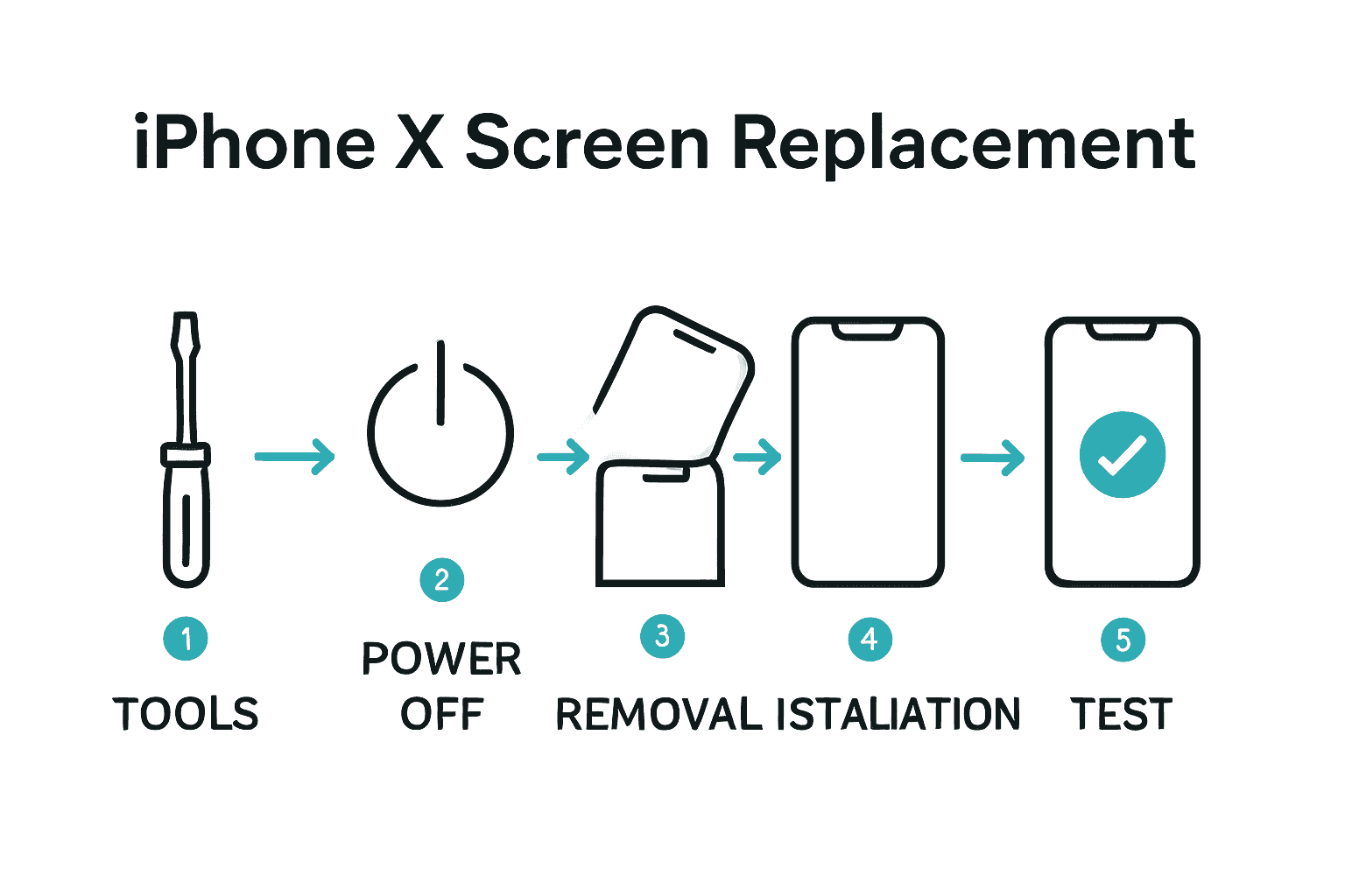 5-step iPhone 10 screen replacement process infographic with icons