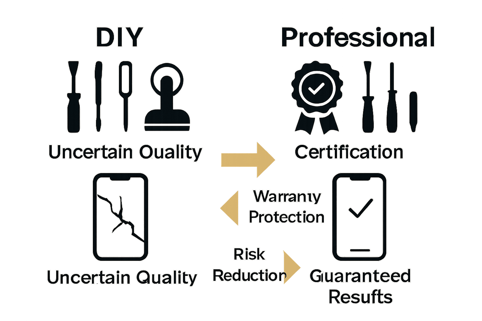 Infographic comparing DIY and professional phone screen repair with key icons and arrows.