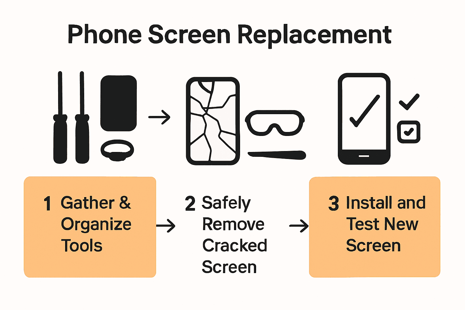 Step-by-step phone screen replacement infographic with three illustrated stages