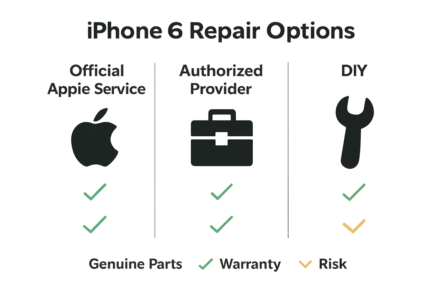iPhone 6 repair options infographic comparing Apple, authorized, and DIY repair.