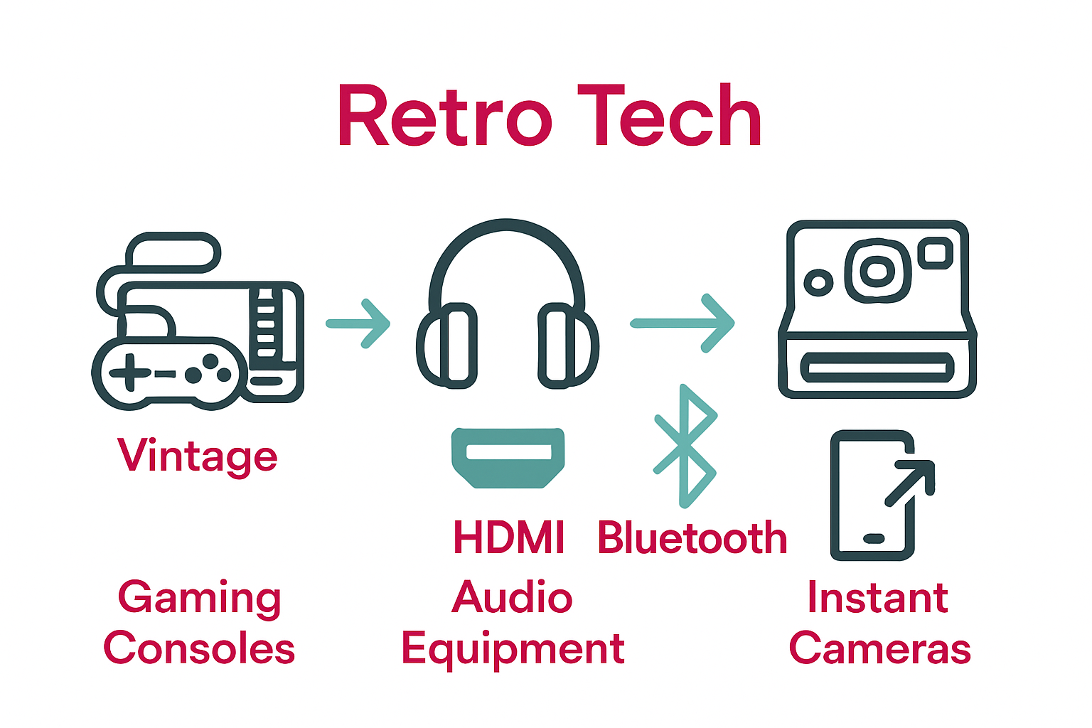 Infographic showing key types of retro gadgets and their vintage vs. modern features
