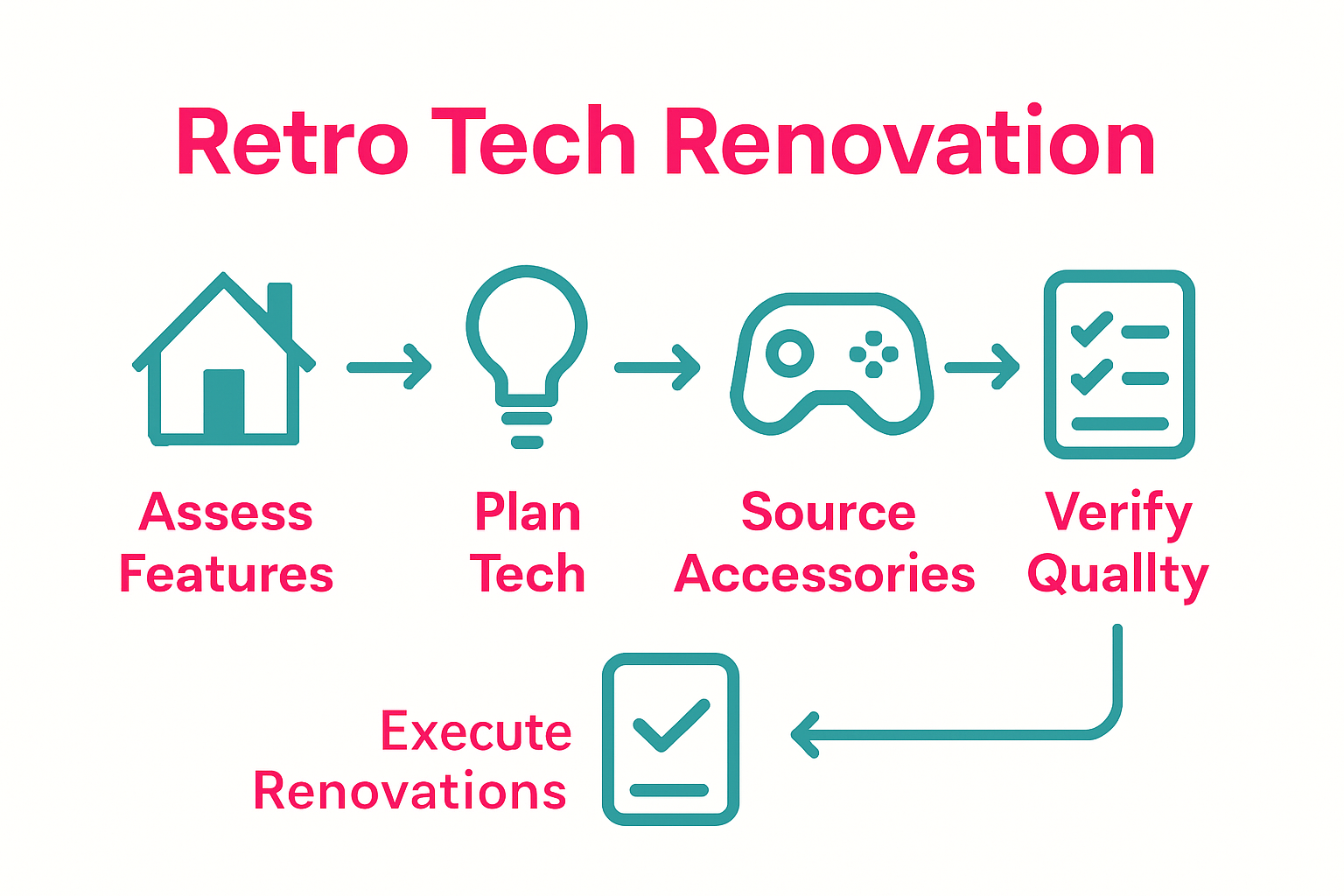Five-step retro tech renovation process infographic with icons and summary phrases.