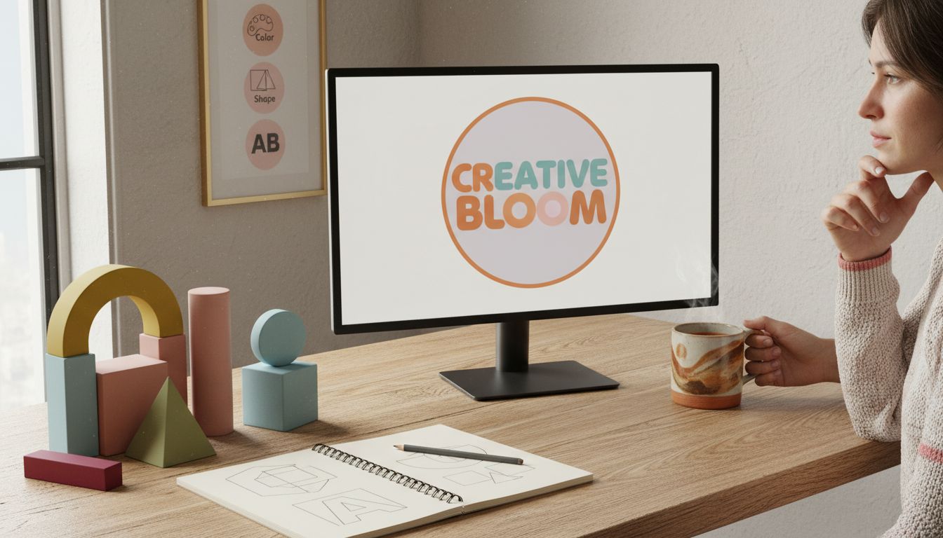 Workspace showing retro minimalist shapes and colors