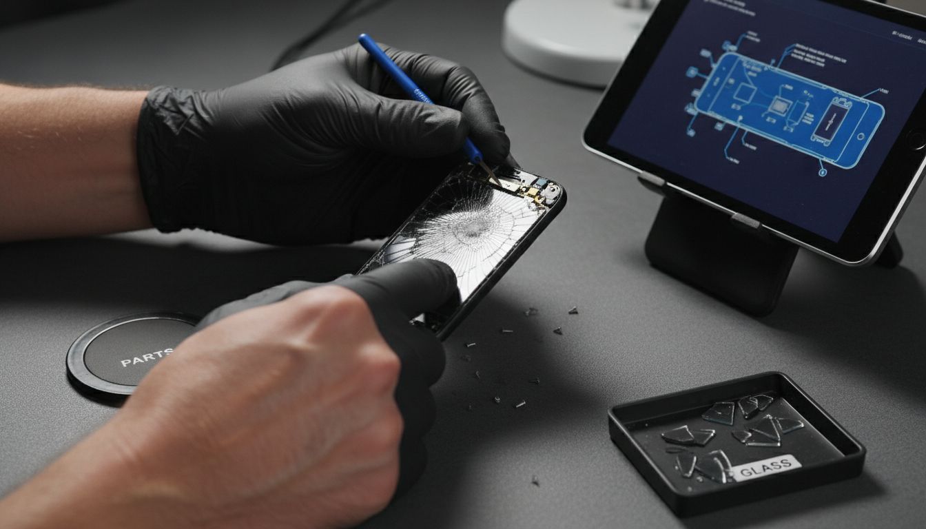 Hands carefully removing cracked phone screen