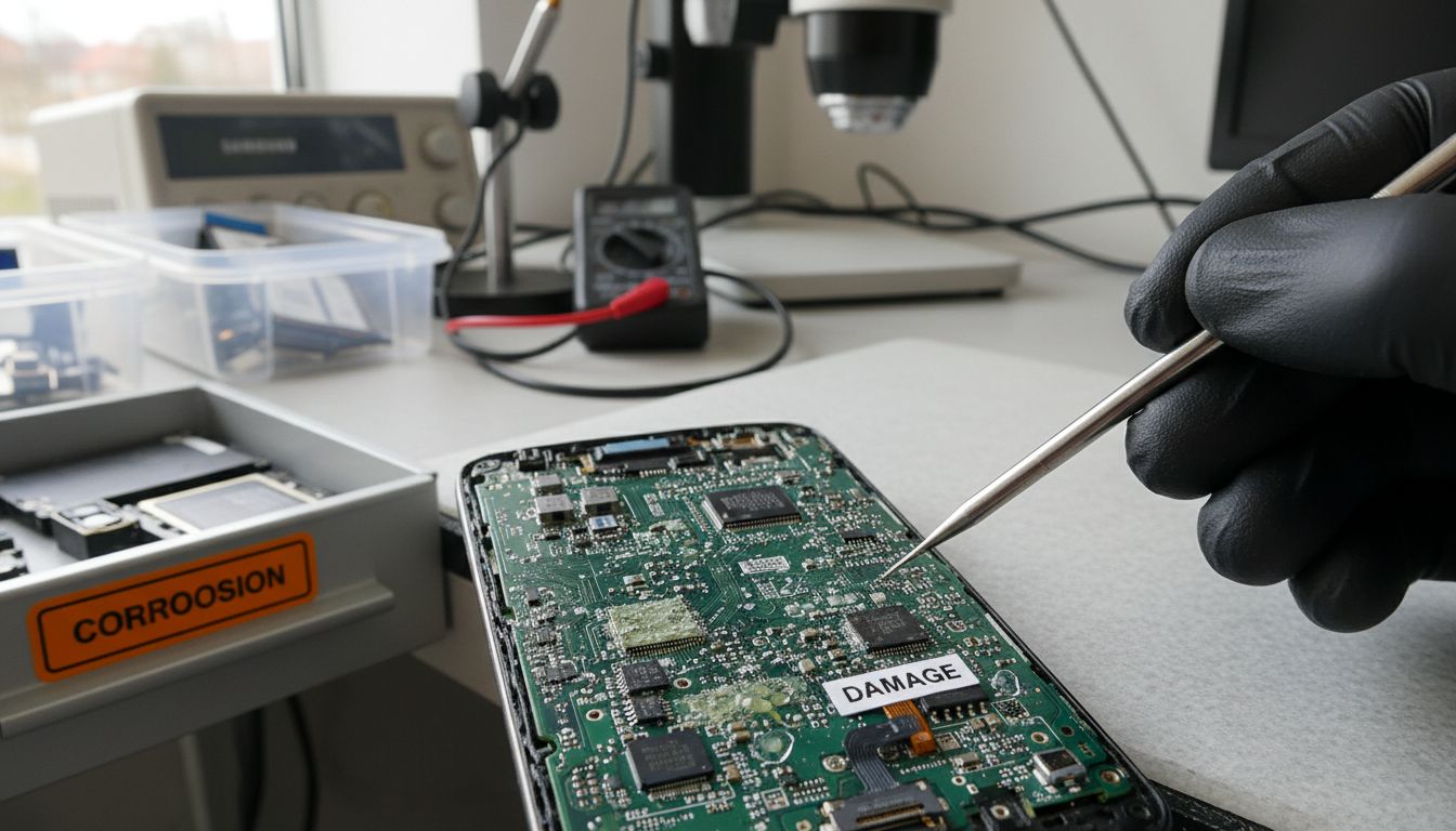 Close-up of water-damaged Samsung circuitry