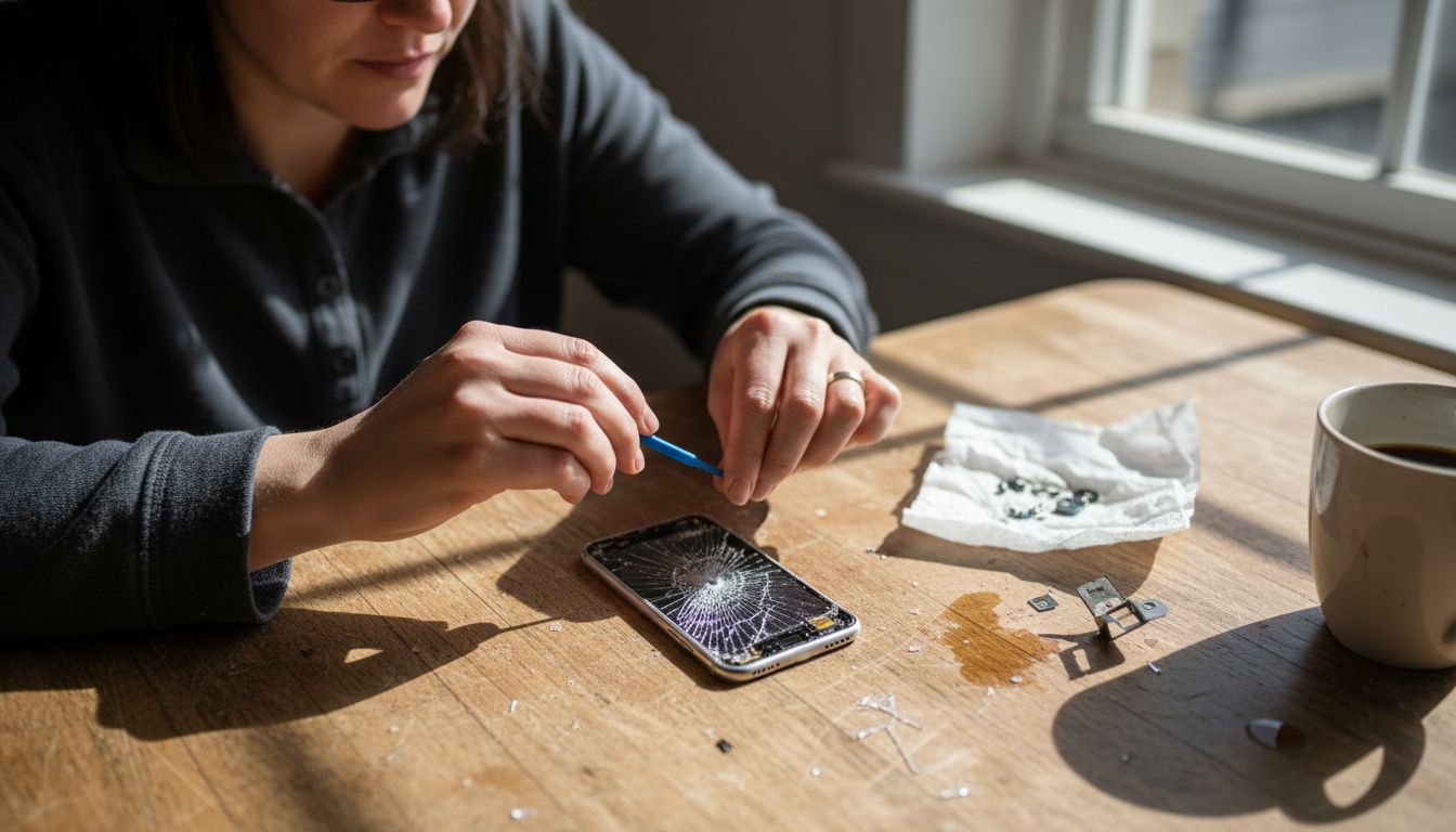 Woman using tools to remove broken smartphone screen