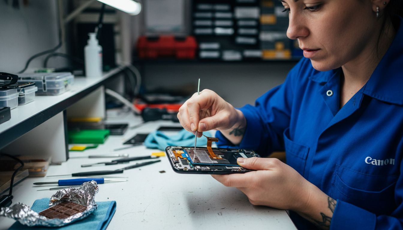 Technician inspecting phone LCD internals
