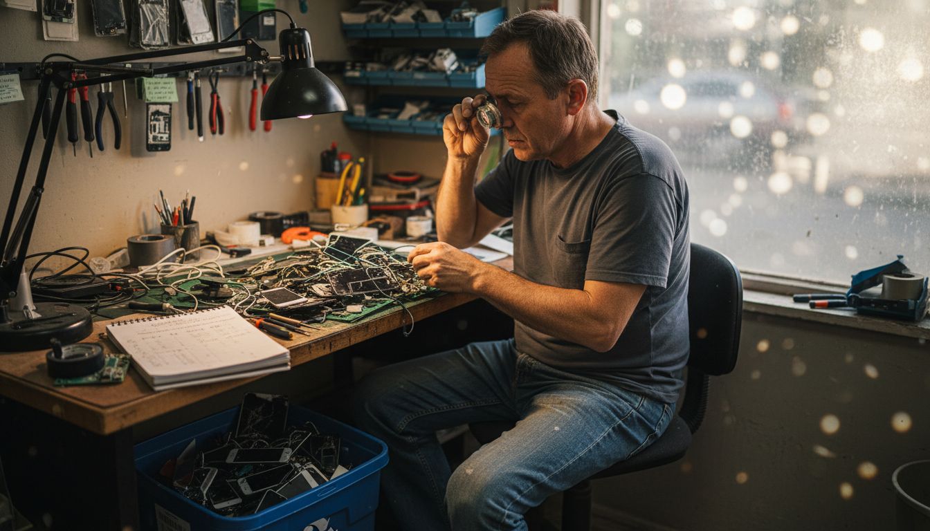 Repair shop worker inspects damaged LCD phones