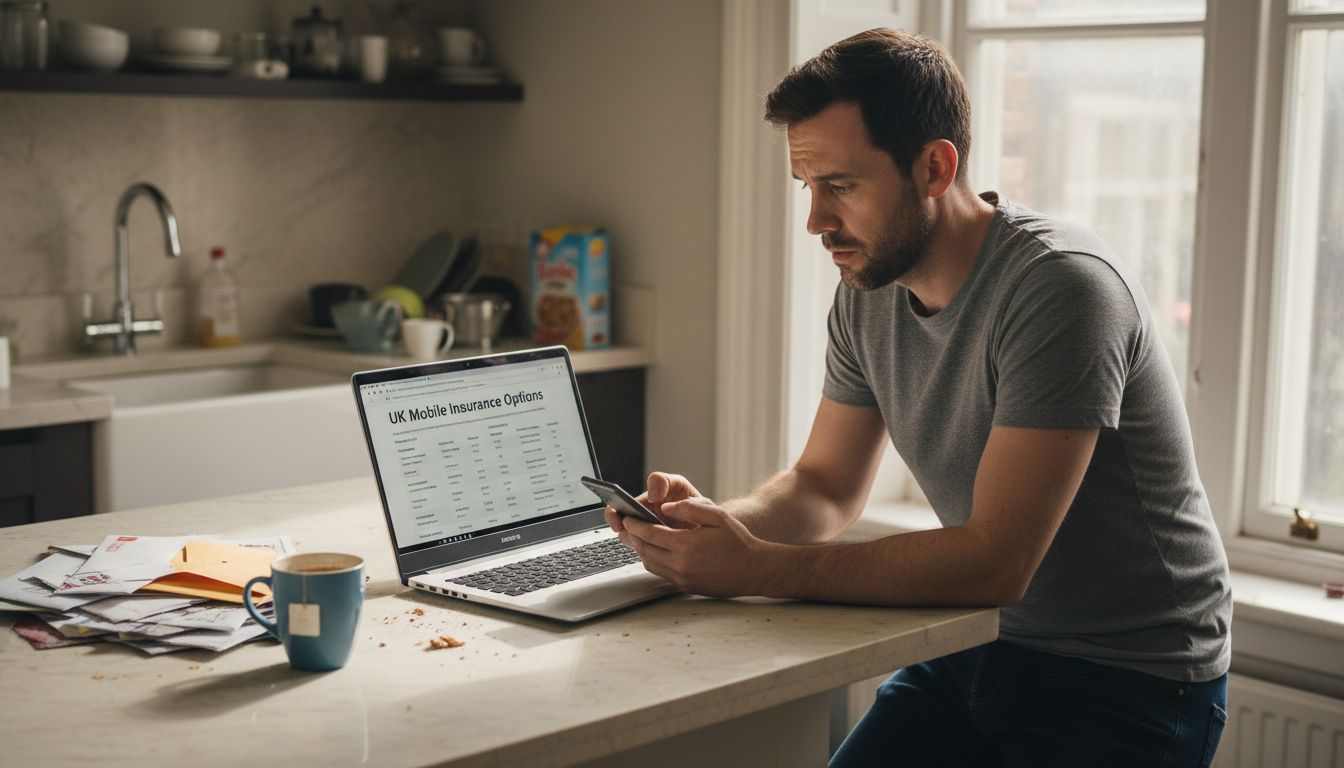 Man reviews mobile insurance options at kitchen counter