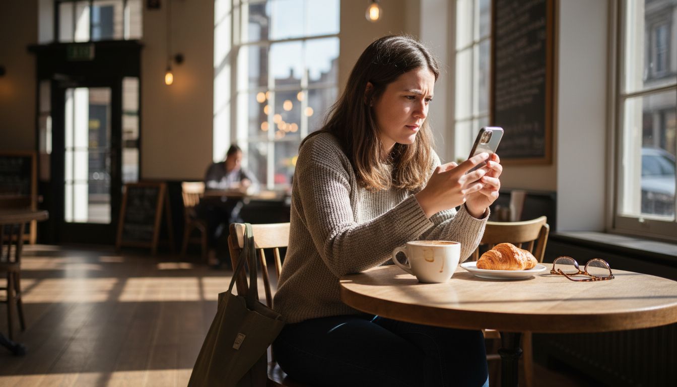 Woman noticing phone battery problem at café