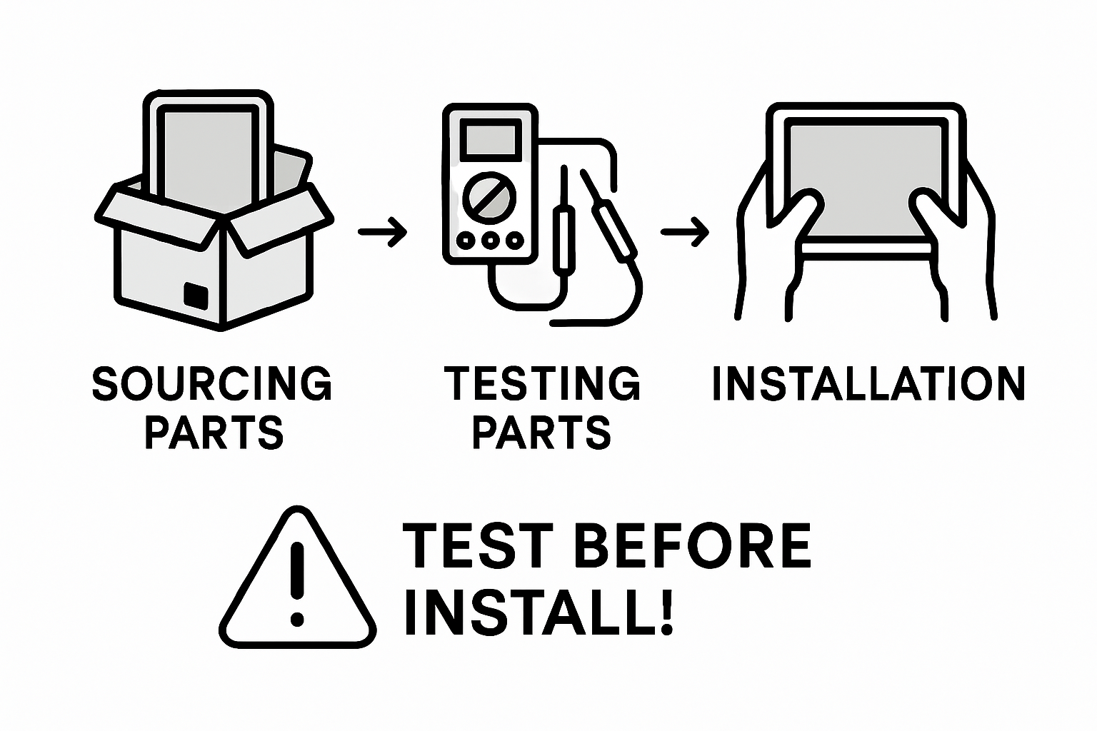 Infographic of sourcing, testing, installing tablet parts