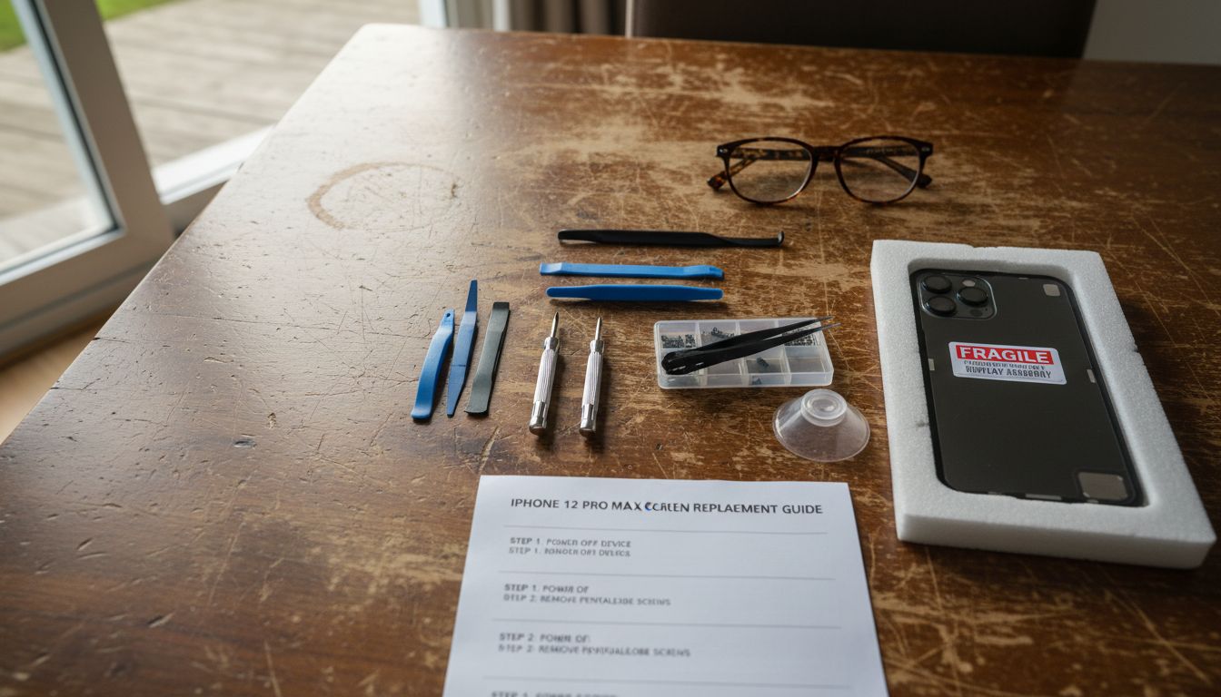 iPhone 12 Max repair tools organized on table