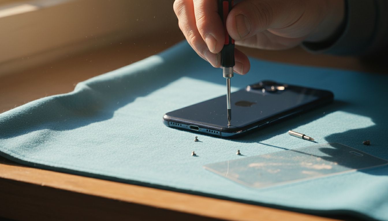 Close-up unscrewing iPhone screen for repair