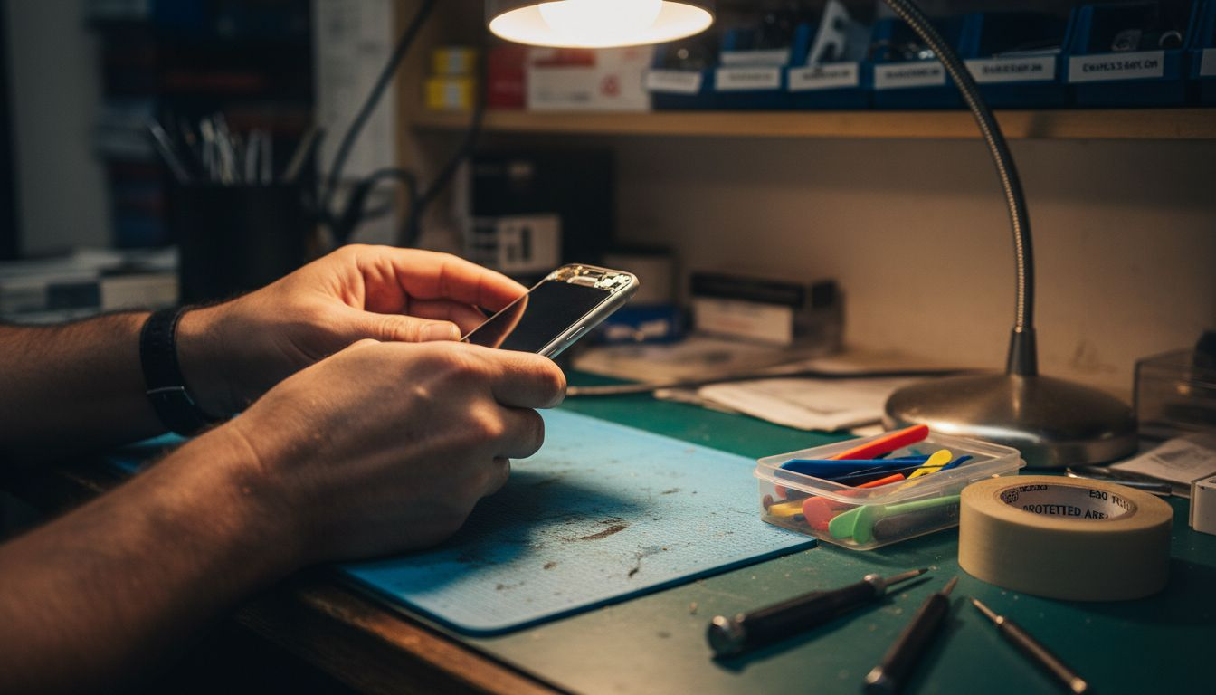 Hands installing smartphone screen carefully