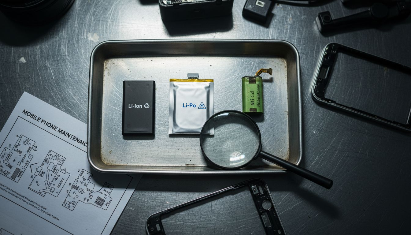 Three types of mobile phone batteries displayed