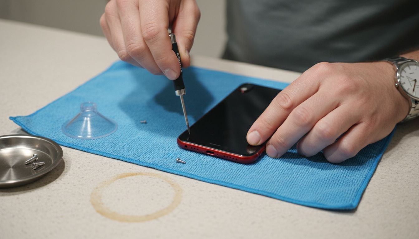 Closeup removing screws from iPhone XR