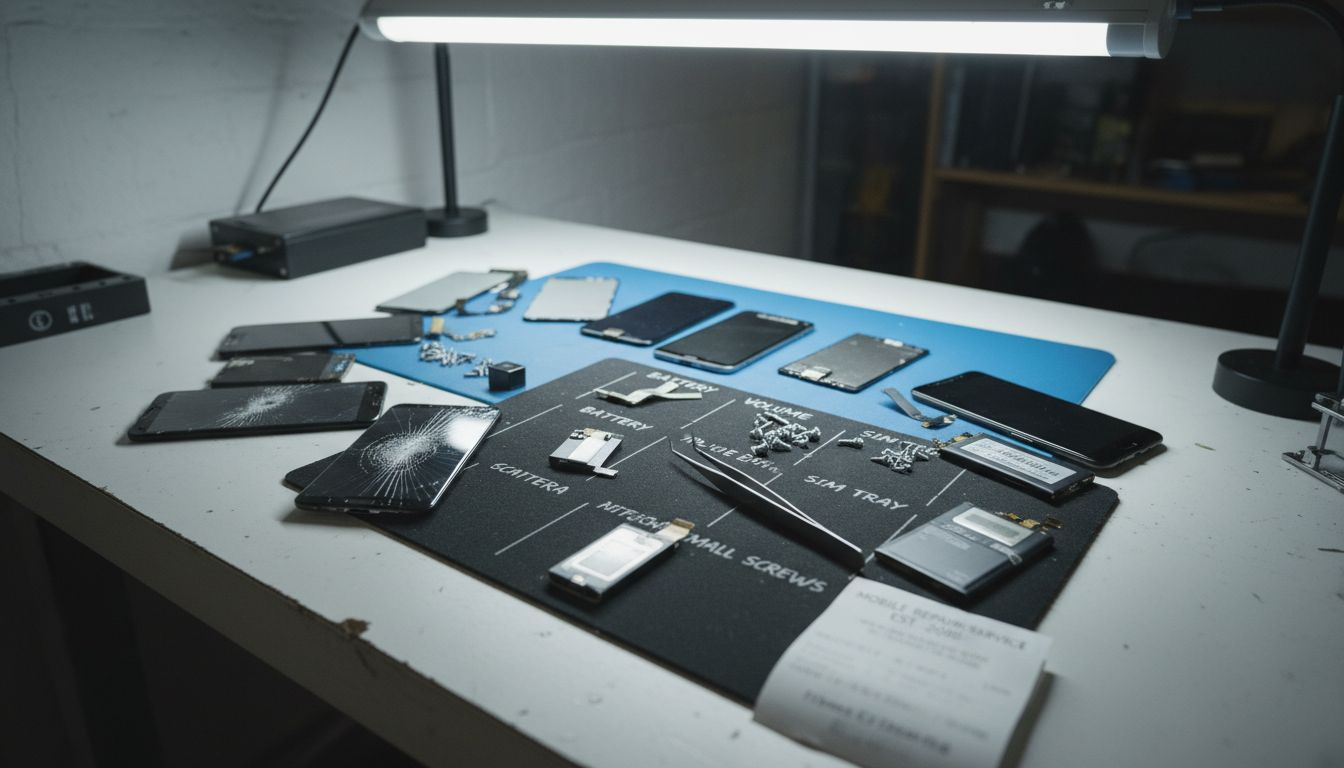 Assorted phone parts and tools on table