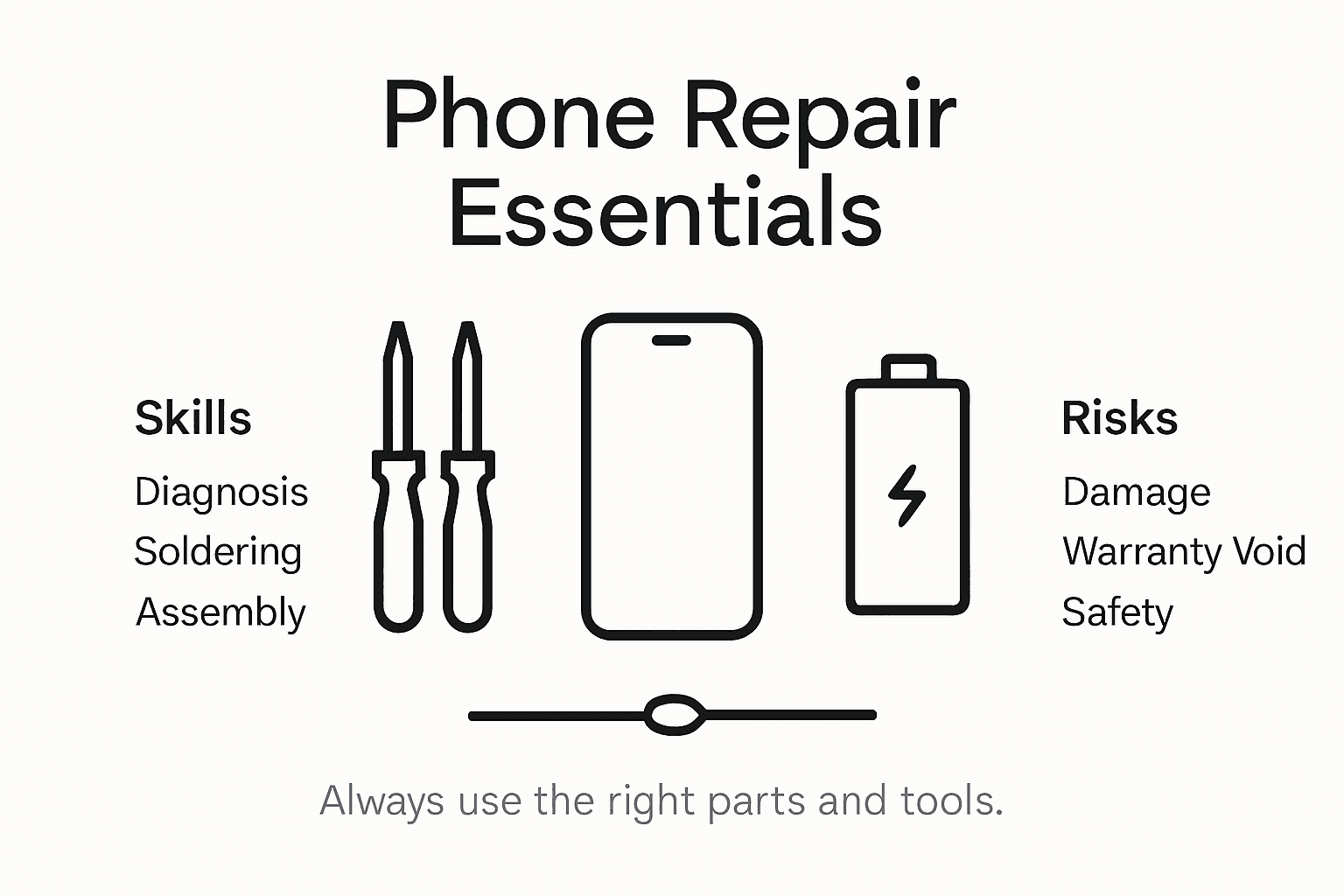 Infographic illustrating key phone repair skills and risks