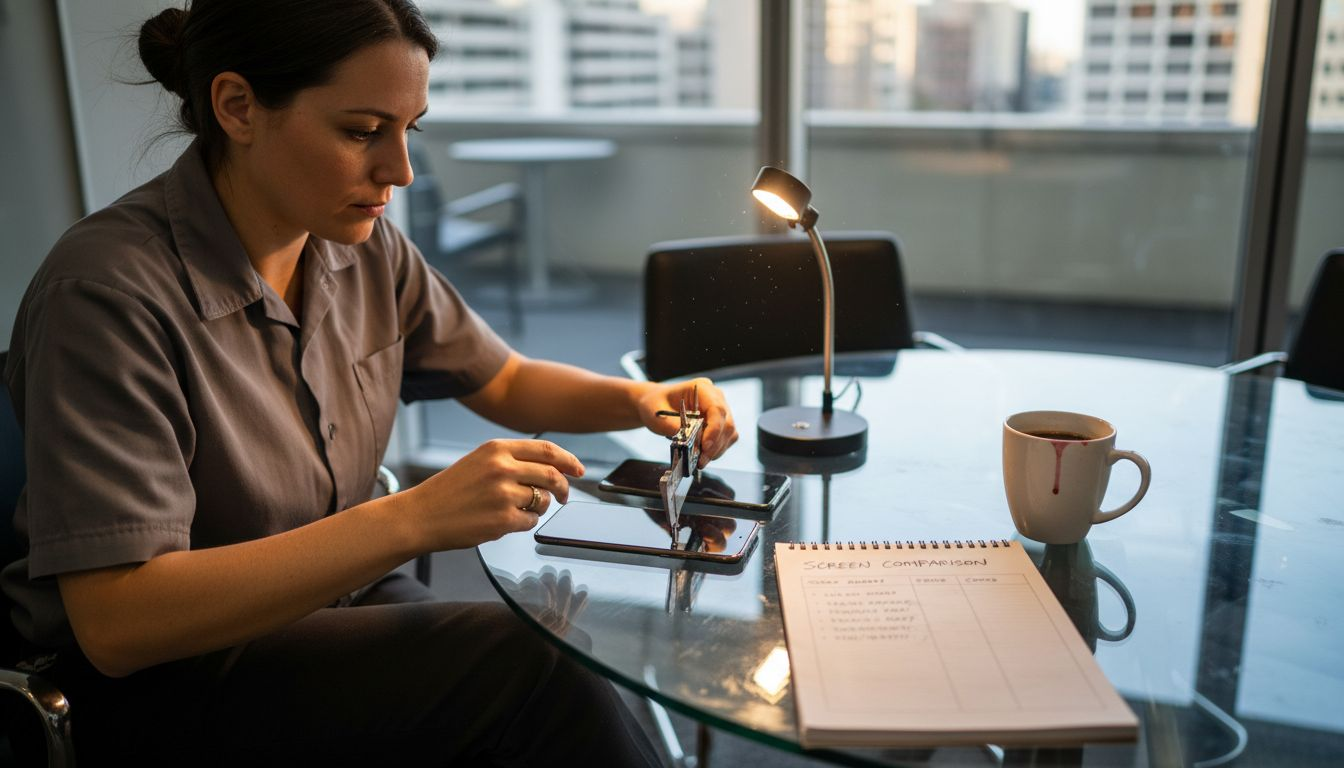 Technician comparing two mobile screens at table